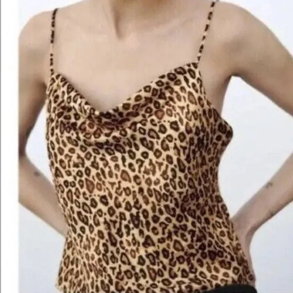 Zara Cami Crop Leopard Animal Print Chain Straps Satin Cami Blouse Tank Top - Picture 3 of 10
